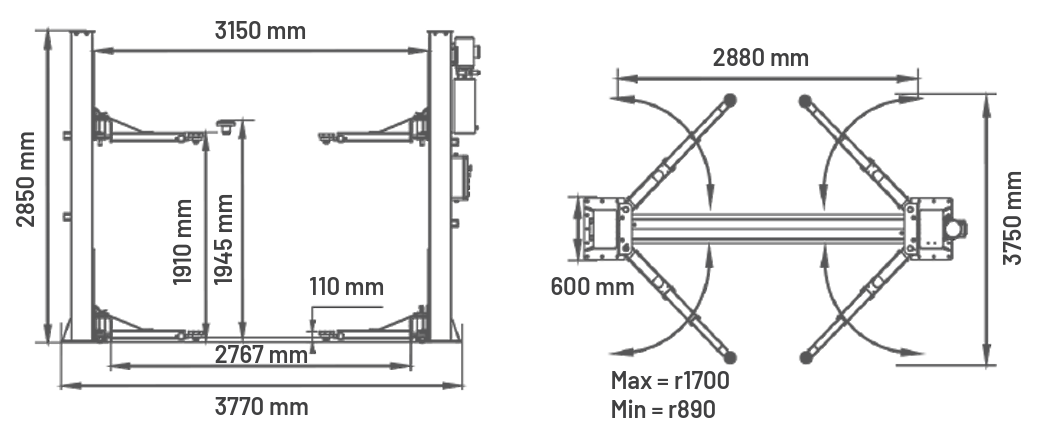 Dama DM5.0T/1 2 Post Lift Dama HDM5.0T/1 2 Post Lift Drawing