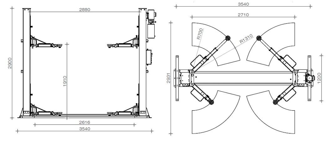 Dama HDM4.0T/CB 2 Post Lift drawing