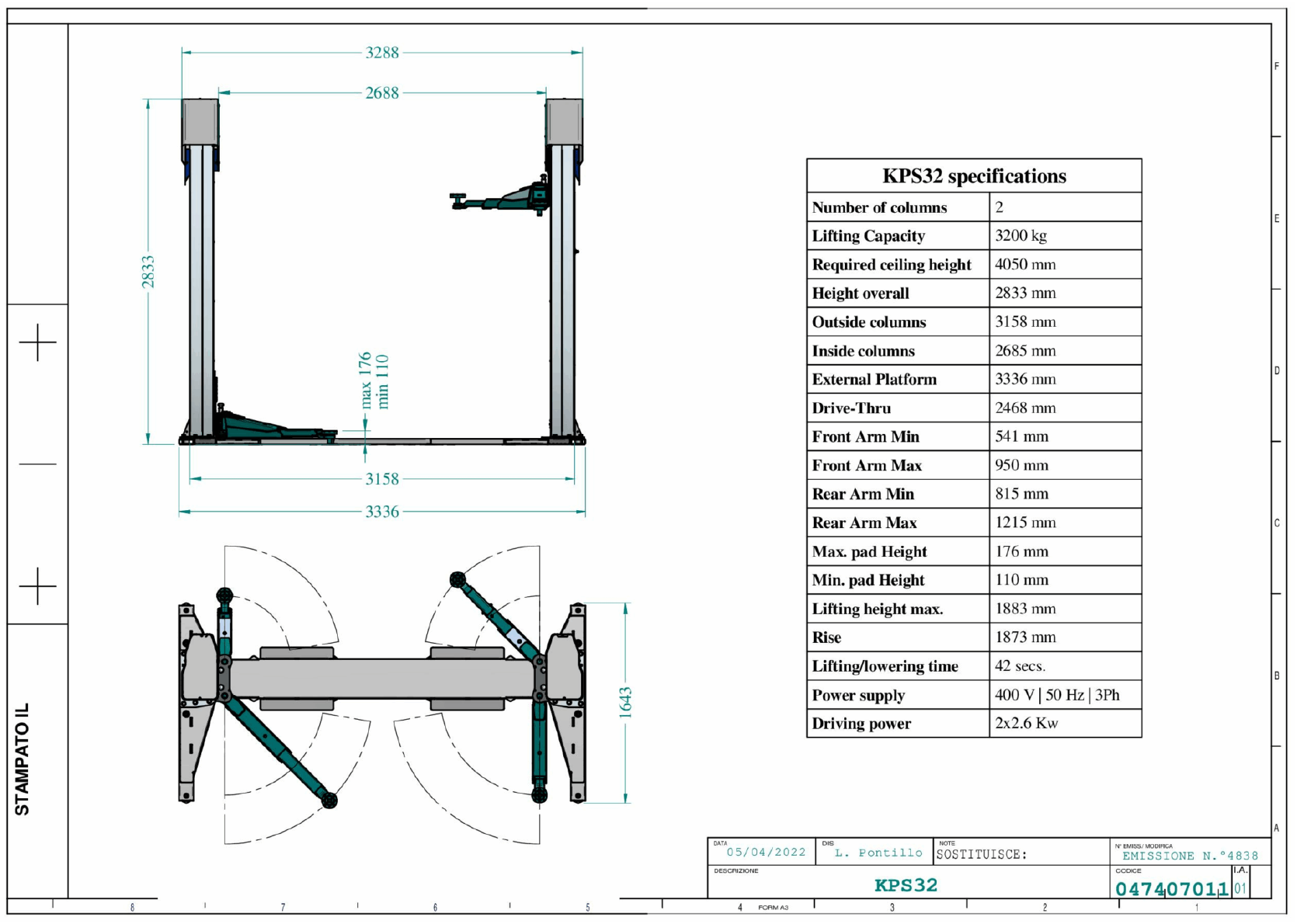 Ravaglioli KPS32 H-Frame 2 Post Lift Drawing